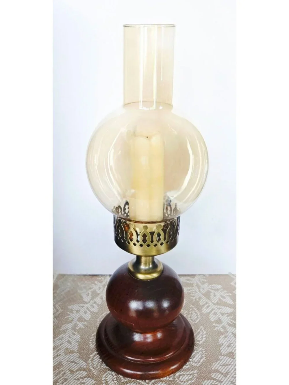 Vintage Hurricane Lamp, Glass Chimney Brass and Wood- Rustic Candle Holder
